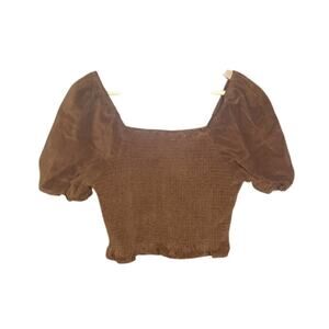 American Eagle Womens Chocolate Brown Corduroy Smocked Puff Sleeve Top Size L